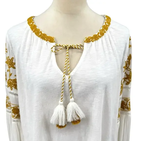 By Anthropologie Aja White Knit Golden Yellow Embroidered Long Sleeve Boho Top - Picture 7 of 15